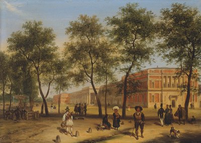 Vista presunta del Paseo del Prado con il Museo del Prado, Madrid, 1827 da Giuseppe Canella