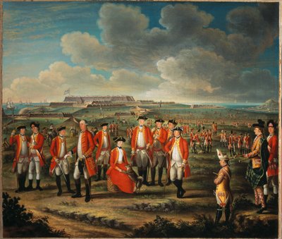 Lady Louisa Lennox con il reggimento di suo marito, 25º Reggimento di Fanteria, con Lord George Lennox accanto a lei e Fort St Philip, Port Mahon, sullo sfondo, c.1771 da Giuseppe Chiesa