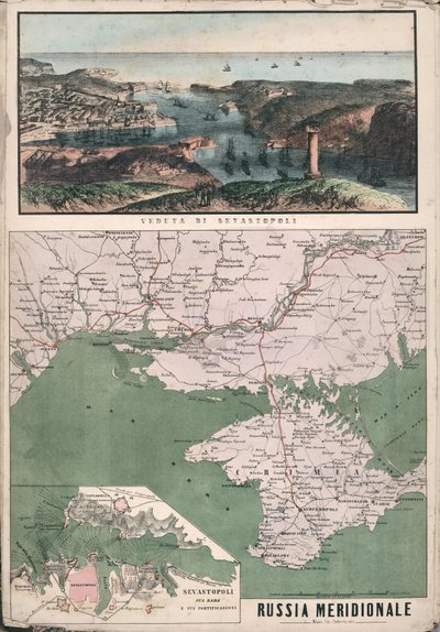 Mappa della Russia meridionale con vista sulla baia di Sebastopoli e le sue fortificazioni, 1853 da Giuseppe Civelli