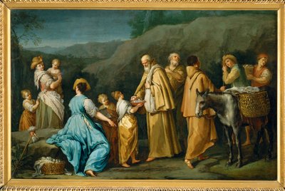 Religieux queteurs a qui une jeune fille donne des oefs - Frati mendicanti a cui una bambina offre uova ... da Giuseppe Gambarini