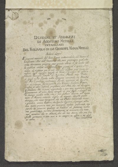 Pagina del titolo con prefazione e dedica da Giuseppe Maria Mitelli
