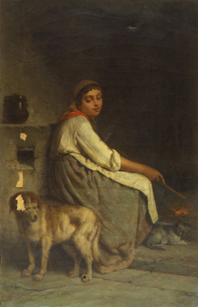 Donna con cane e gatto vicino al camino da Giuseppe Mazza