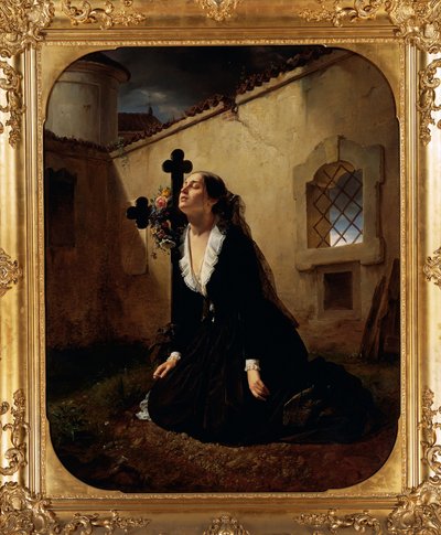 Lamentando la perdita di una persona cara o moglie del Colonnello Manara sulla tomba del marito da Giuseppe Molteni
