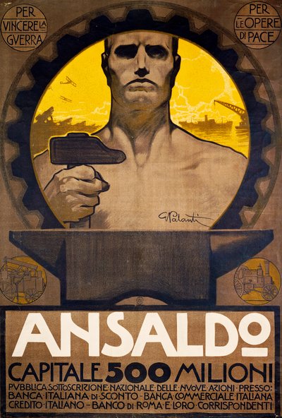 Operaio con martello e incudine, manifesto di Ansaldo di Genova per la sottoscrizione di nuove azioni da Giuseppe Palanti
