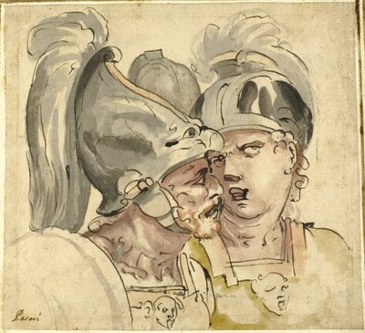 Due soldati con elmetto conversano da Giuseppe Passeri