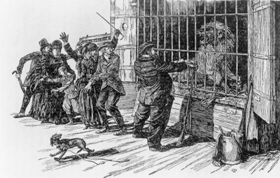 Tartarin e la gabbia del leone, illustrazione per Tartarin sulle Alpi di Alphonse Daudet da Giuseppe Porcheddu