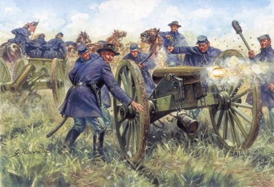 Guerra Civile Americana: Soldati del Nord (Unione) che usano un fucile durante una battaglia - Illustrazione di Giuseppe Rava da Giuseppe Rava
