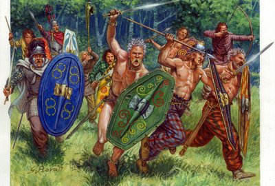 Antichità: carica dei guerrieri galli, uno a sinistra indossa una cotta di maglia - Illustrazione di Giuseppe Rava da Giuseppe Rava