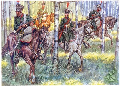 Cacciatori a cavallo della Grande Armata di Napoleone I in pattuglia - Illustrazione di Giuseppe Rava da Giuseppe Rava
