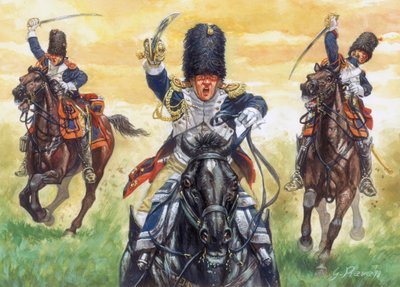 Primo Impero: la carica dei granatieri a cavallo della Guardia Imperiale di Napoleone I alla battaglia di Eylau 8/02/1807 - Guerra della Quarta Coalizione: battaglia di Eylau (o battaglia di Preussisch-Eylau), 7 e 8 febbraio 1807, la carica dei granatieri  da Giuseppe Rava