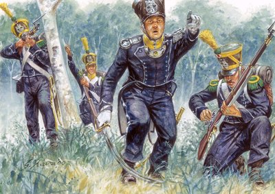 Volteggiatori di fanteria leggera nei boschi - Illustrazione di Giuseppe Rava da Giuseppe Rava