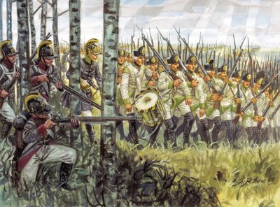 Primo Impero: soldati della fanteria austriaca in avanzata intorno al 1798 - 1805 da Giuseppe Rava