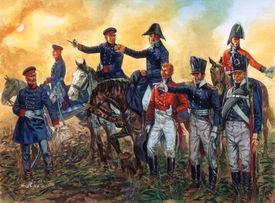 Guerra napoleonica: Arthur Wellesley, duca di Wellington (1769-1852) che comanda le truppe britanniche e Gebhard Leberecht von Blucher (1742-1819) che comanda l