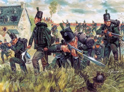 Guerra napoleonica: fucilieri britannici del 95º Reggimento difendono una cava di sabbia alla battaglia di Waterloo 18/06/1815 da Giuseppe Rava