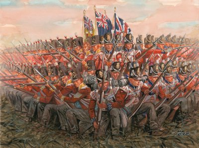 Guerre napoleoniche: soldati inglesi durante la battaglia di Waterloo 18 giugno 1815 da Giuseppe Rava