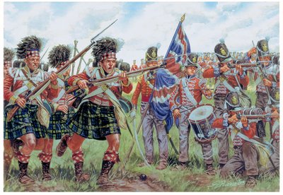 Guerre napoleoniche: soldati scozzesi e britannici alla battaglia di Waterloo il 18 giugno 1815 da Giuseppe Rava