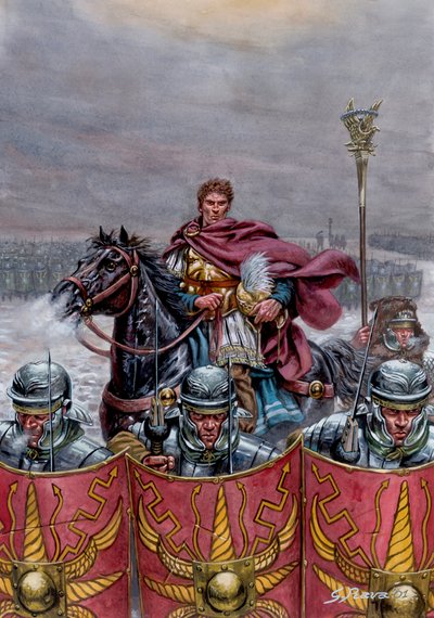 Antichità romana: esercito romano vicino al Vallo di Adriano in Scozia, II secolo d.C. - Illustrazione di Giuseppe Rava da Giuseppe Rava