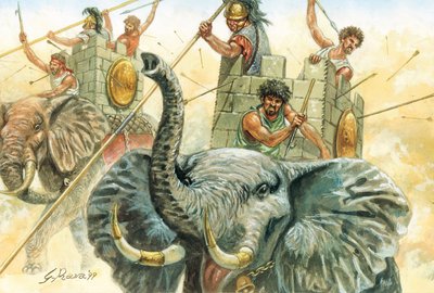 Antichità romana: gli elefanti di Annibale - rappresentazione degli elefanti che permisero al generale Annibale (247-183 a.C.) di attraversare le Alpi nel 218 a.C. durante la seconda guerra punica - Illustrazione di Giuseppe Rava da Giuseppe Rava