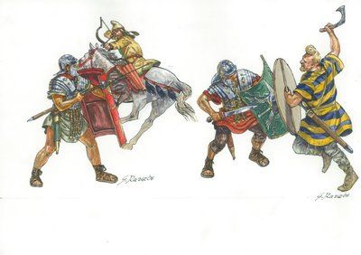 Legionari romani che combattono un arciere partico a cavallo e un guerriero franco da Giuseppe Rava