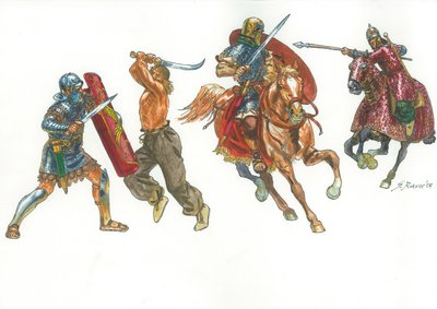 Legionario Romano che Combatte un Guerriero Dace e Cavaliere Romano contro un Cataphracte Sarmata da Giuseppe Rava