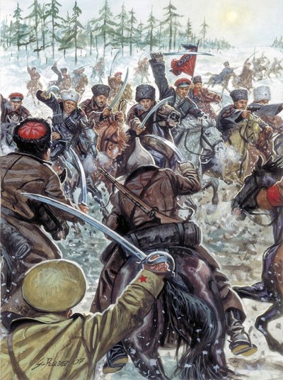 Guerra civile russa (1917-1923): soldati del Caucaso al fianco degli eserciti bianchi nel 1919 - Illustrazione di Giuseppe Rava da Giuseppe Rava