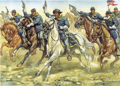 Guerra di secessione (1861-1865): soldati della cavalleria del nord (Unione) durante una battaglia - Guerra civile americana: soldati della cavalleria del nord (Unione) durante una battaglia - Illustrazione di Giuseppe Rava da Giuseppe Rava