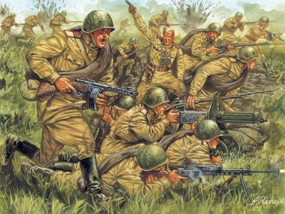 Seconda Guerra Mondiale: Assalto della fanteria russa in uniforme leggera - WWII: soldati russi in uniforme estiva - Illustrazione di Giuseppe Rava da Giuseppe Rava