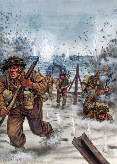 Seconda Guerra Mondiale: Soldati scozzesi durante lo sbarco in Normandia 6/06/1944 da Giuseppe Rava
