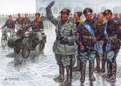 Il Duce Benito Mussolini (1883-1945), accompagnato dalle sue Camicie Nere, fa il saluto fascista durante una parata militare - Benito Mussolini e le Camicie Nere durante una parata militare - Illustrazione di Giuseppe Rava da Giuseppe Rava