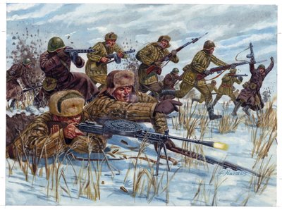 Seconda Guerra Mondiale: soldati di fanteria russi avanzano sul campo di battaglia da Giuseppe Rava