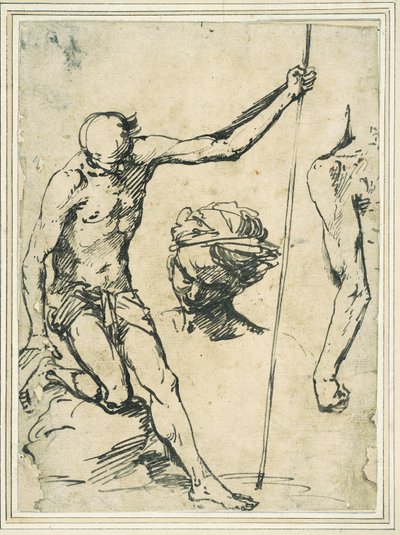 Studi di figura: uomo che tiene un palo, testa di un uomo con turbante e un braccio sinistro visto da dietro da Giuseppe Ribera