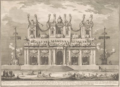 La seconda macchina per la Chinea del 1765: un edificio decorato con pali di cuccagna da Giuseppe Vasi, after Giuseppe Palazzi, after Paolo Posi