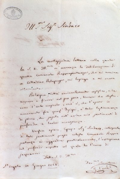 Lettera manoscritta di Giuseppe Verdi al sindaco di Bologna da Giuseppe Verdi