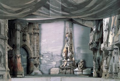 Piazza davanti alla Cattedrale di Valladolid, Atto III, Scena IV, scenografia di Charles Campon per Don Carlos di Giuseppe Verdi, rappresentazione a Parigi, Salle Le Peletier, 11 marzo da Giuseppe Verdi