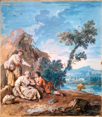 Tre contadini che riposano sulla riva di un fiume, c1750 da Giuseppe Zais