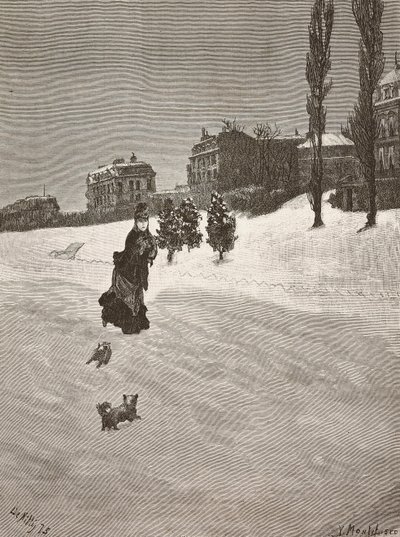 Fa freddo!, donna che cammina nella neve, incisione da un dipinto di Giuseppe De Nittis, disegno di Montefusco, L