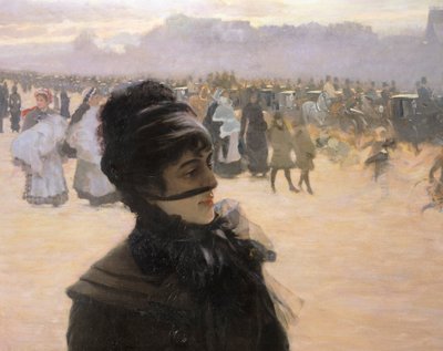 Ritorno dal Bois de Boulogne, Signora con un cane (dettaglio) da Giuseppe or Joseph de Nittis