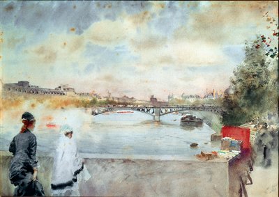 Le rive della Senna. Due donne sedute su un ponte a Parigi guardano verso il fiume, a destra i librai dei moli. Acquerello di Giuseppe De Nittis, 1875. Galleria d