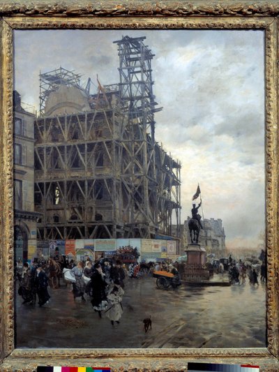 Veduta di Place des Pyramides a Parigi nel 1875. I parigini attraversano la piazza vicino a un cantiere. Dipinto di Giuseppe de Nittis (1846-1894) 1875. Parigi, Museo d