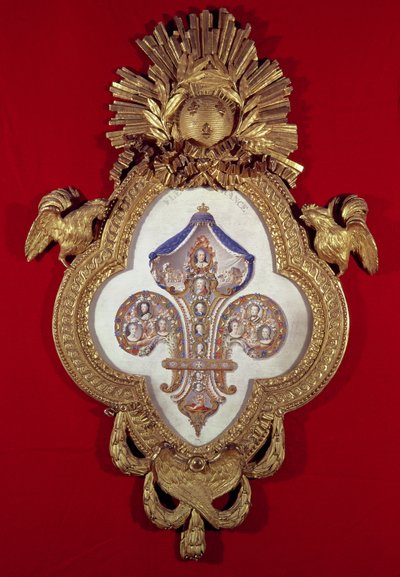 Il fiore di Francia, albero genealogico con tredici ritratti di Luigi XV (1710-74) e dei suoi discendenti in una cornice a forma di giglio, 1765 (oro e smalto) da Glokeur de Surchamps
