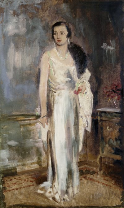 Ritratto di Loelia, Duchessa di Westminster, poi Lady Lindsay, piccolo a figura intera, in abito da sera da Glyn Warren Philpot