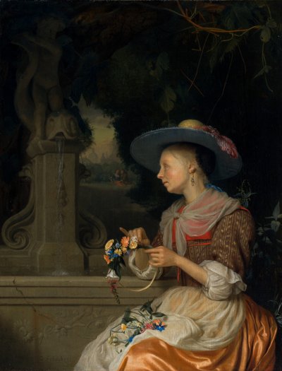 Donna che intreccia una corona di fiori da Godefridus Schalcken