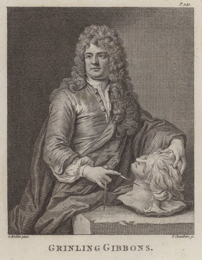 Grinling Gibbons, intagliatore e scultore inglese (incisione) da Godfrey (after) Kneller