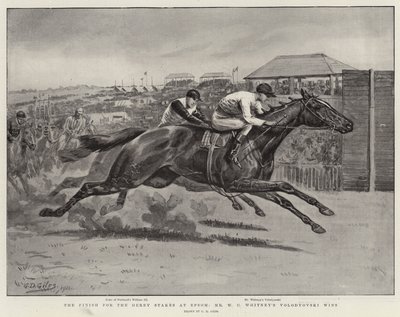 Il traguardo per il Derby Stakes a Epsom, vince Volodyovski di Mr W C Whitney da Godfrey Douglas Giles