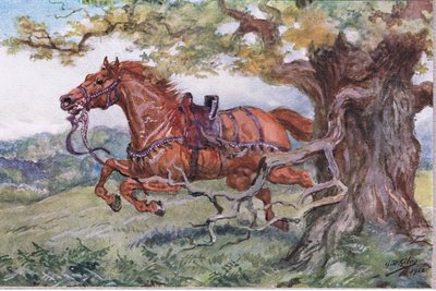Non confessato: sella vuota sulla sua schiena, da Poesie di Adam Lindsay Gordon pubblicato da T. N. Foulis, 1912 da Godfrey Douglas Giles