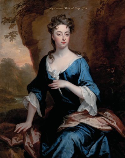 Ritratto di Elizabeth Skipwith, Lady Craven, a tre quarti di lunghezza, in un vestito blu e scialle rosso, con un paesaggio fluviale boscoso sullo sfondo, 1704 da Godfrey Kneller