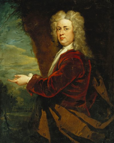 Ritratto di un gentiluomo, mezzo busto, con giacca di velluto rosso e mantello marrone in un parco da Godfrey Kneller