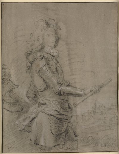 Ritratto a tre quarti di un comandante in armatura con un bastone nella mano destra. Sullo sfondo un paesaggio con una città da Godfrey Kneller