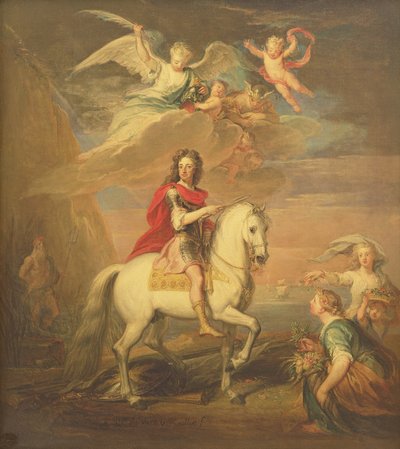 Guglielmo III su un cavallo grigio osservato da Nettuno, Cerere e Flora. Mercurio nel cielo e Astrea da Godfrey Kneller