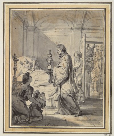 Uomo sul letto di morte con prete e altri da Godfried Maes